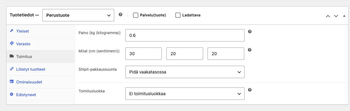 WooCommerce-tuotteen painon ja mittojen lisääminen toimitusasetuksiin
